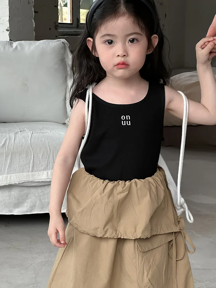 2024 Summer New Children Sleeveless Knit T Shirts Cotton Kids Girls Embroidery Letter Vest Baby Bottoming Tops Toddler Clothes