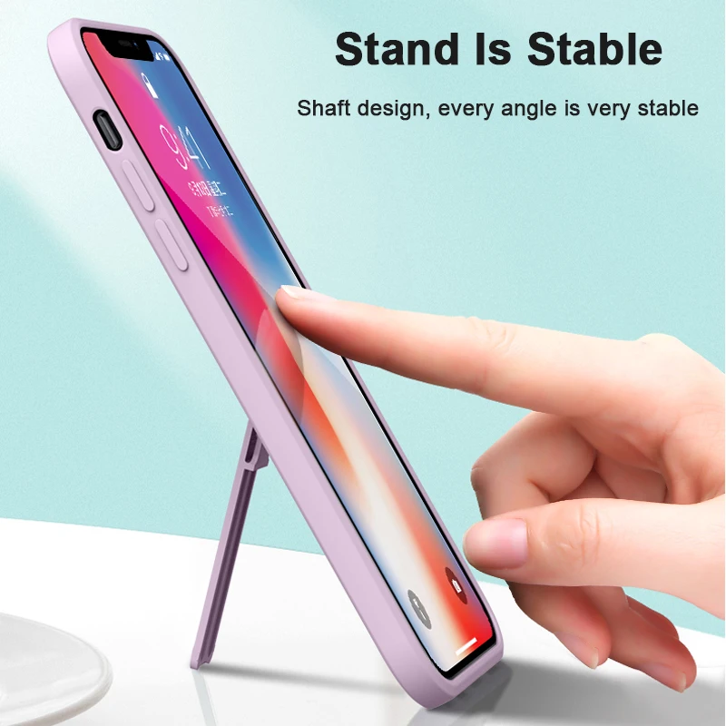 Silicone Phone Case with Camera Protector for iPhone 15 14 13 12 11 Pro Max Plus Mini Shockproof Cover with Stand and Hand Strap