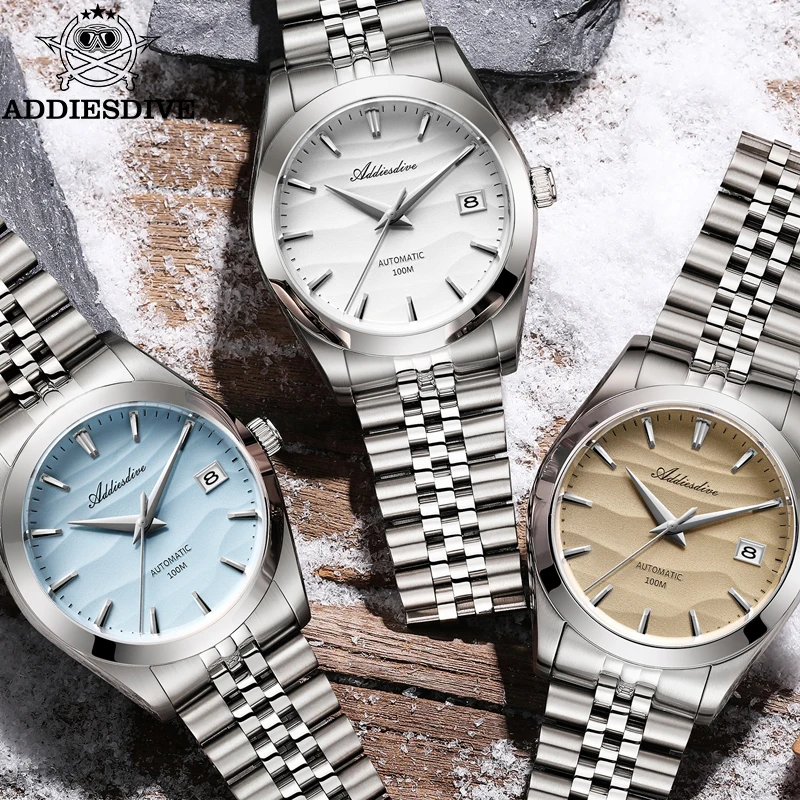 ADDIESDIVE Fényűzés AD2059 automata Gépi watches 39mm Rozsdamentes Acél Sivatagi Szövés Belemerül 100m Vízhatlan esőköpény Utcai NH35 nézni