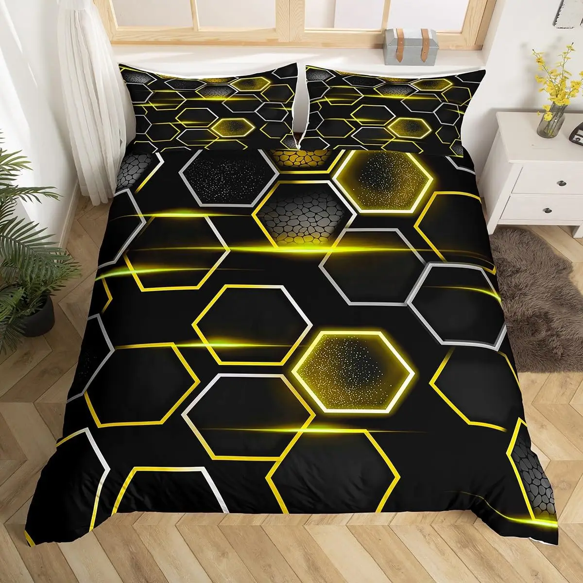 Honeycomb Duvet Cover Full King Size Hexagonal Comforter Cover Beehive Simplistic Geometric Bedding Set for Boys Teens Bedroom