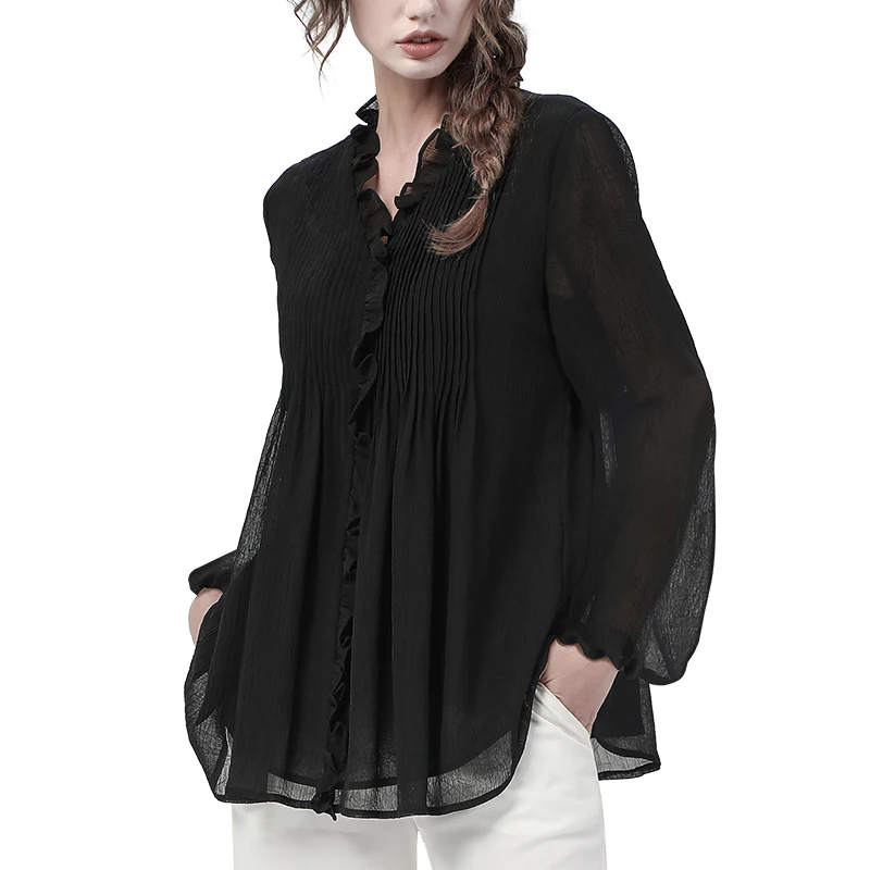 Loose-fitting Pleated Black Chiffon Blouse Women\' 2024 Spring Summer Tops Ruffles V-Neck Lantern Sleeve Plus Size Blouses