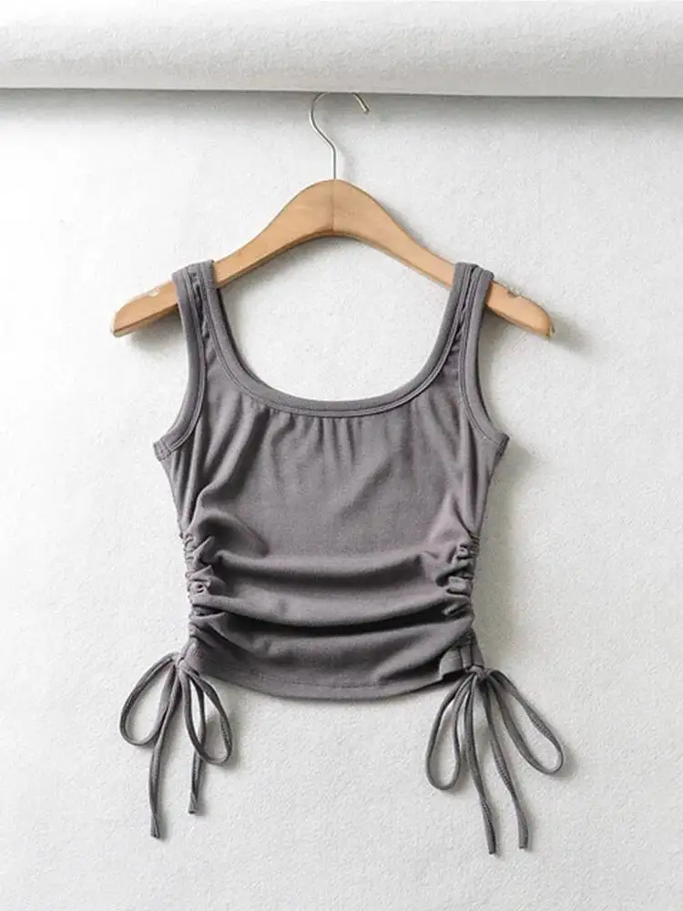 Nova chegada meninas casual cor sólida dois lados cordão colete dobras shirring sexy tank camis
