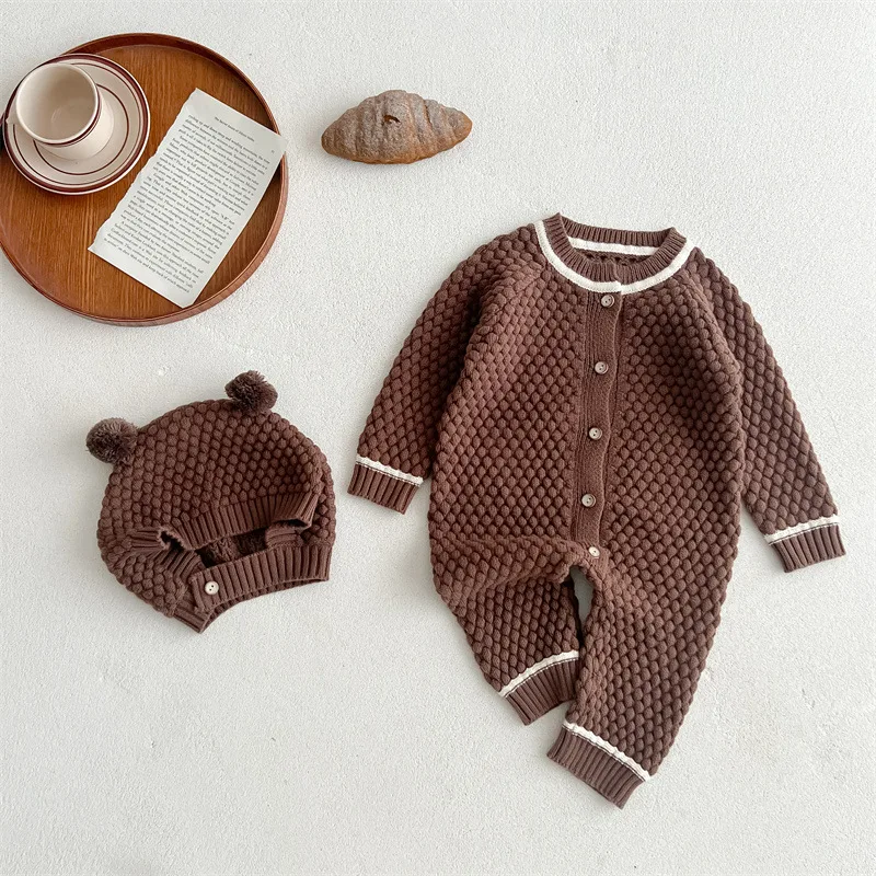 Simple and All-match Cute Casual Soft and Comfortable Knitted Jumpsuit Hat Set Knitted Rompers Autumn Solid Color