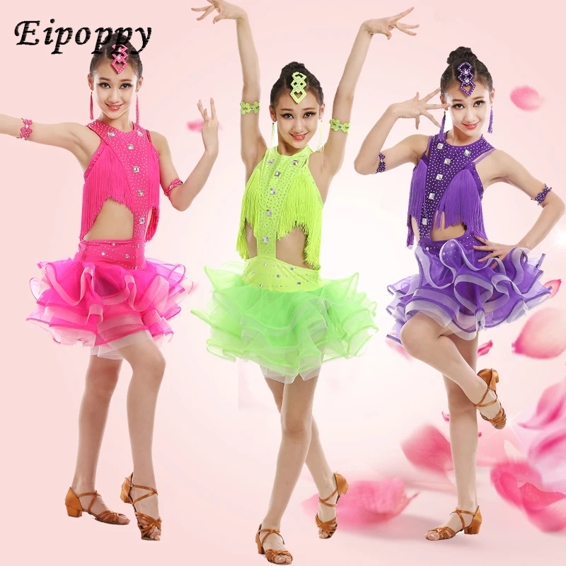 Children Professional Latin Dance Performance Clothing New Girls Diamond Flow Sula Ding Skirts Junior Latin Competition Clothing