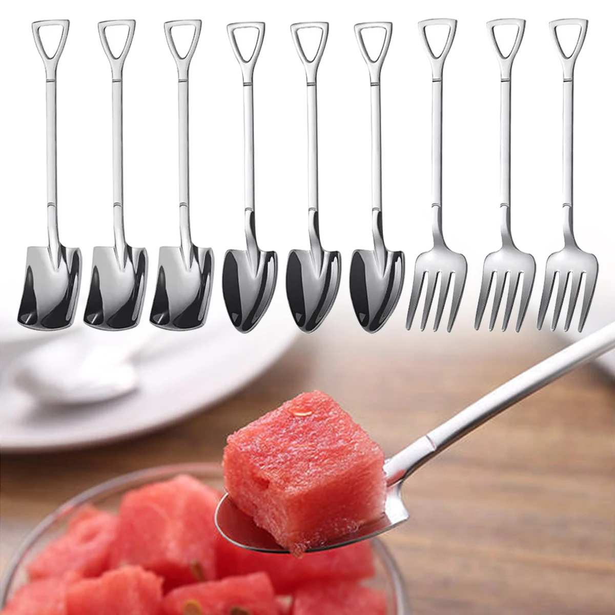 

9 Pcs New Stainless Steel Shovel Spoon Gold Silver Coffee Dessert Set Shovel Handle Dessert Spoon Shape Fork