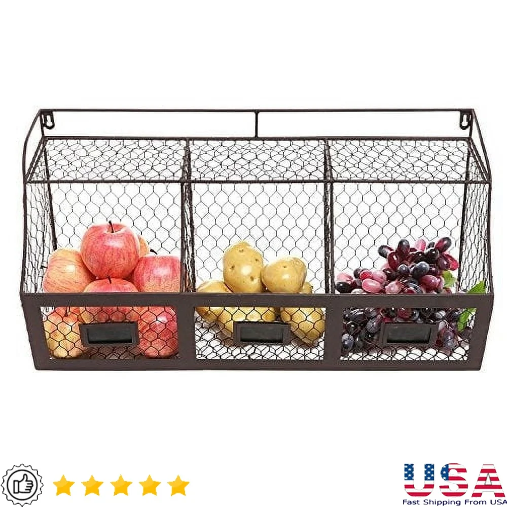 

3 Compartment Metal Wall Mount Storage Basket Kitchen Organizer Fresh Fruits Vegetables with Sturdy Top Shelf