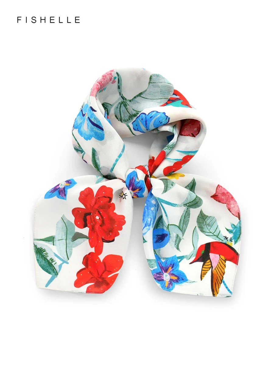 

Women silk scarf flower print crepe de chine 100% silk shawl neckerchief wrap lady gifts headband spring and autumn square scarf