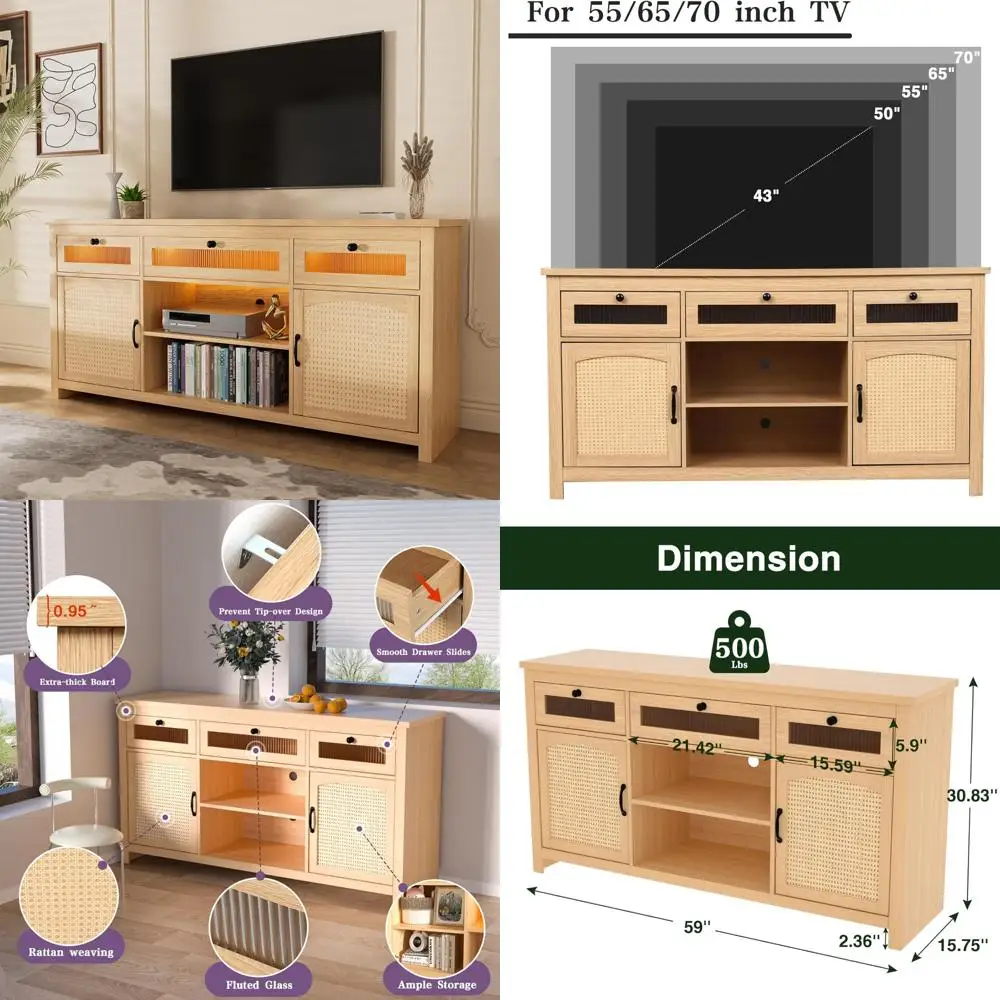 

65 Inch LED TV Stand Entertainment Center with Storage Cabinets and Barn Doors, 59 Inch Console with Drawers and Adjustable Feat