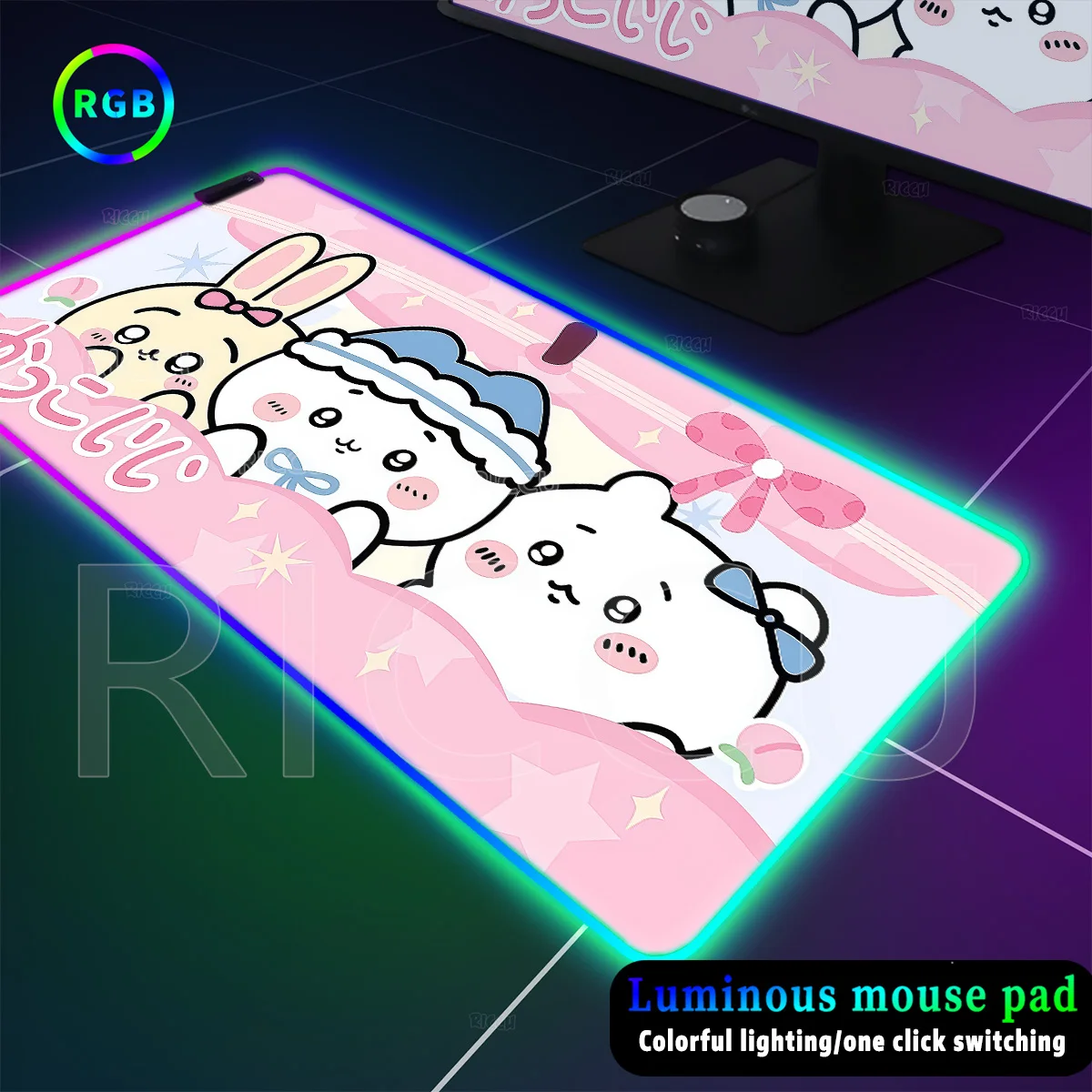 

Большой коврик для мыши RGB в стиле аниме Chiikawa XXL, милые коврики Kawaii, большой геймерский резиновый коврик для мыши, подсветка светодиодной подсветки, игровые коврики для ПК, компьютера