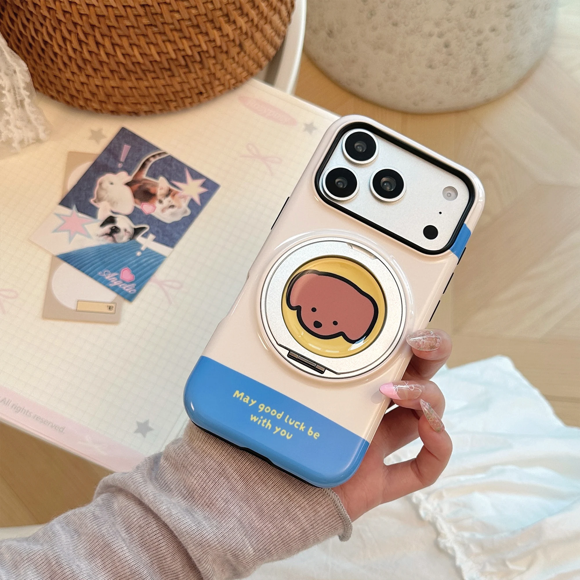 2 in 1 Letters Pattern White Purple Blue Glossy Cover Case For iPhone 17 16 15 14 13 Pro Max with 360° Rotation Animals Holder view 6