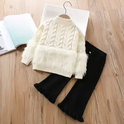 Girls' Sweater Set Autumn/Winter New Korean Edition Solid Color Children's Knitted Sweater Long Sleeve Pants Two Piece Set