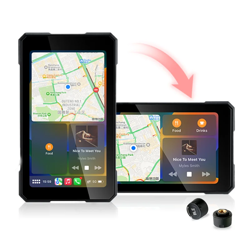Srnubi 5,0'' Motorrad-CarPlay-Unterstützung, Orientierungs- und Porträt-Display, tragbares digitales Motorrad-Armaturenbrett, WIFI, Android Auto, GPS-Navigation, IP67, wasserdicht, Dual-Bluetooth 5.0,