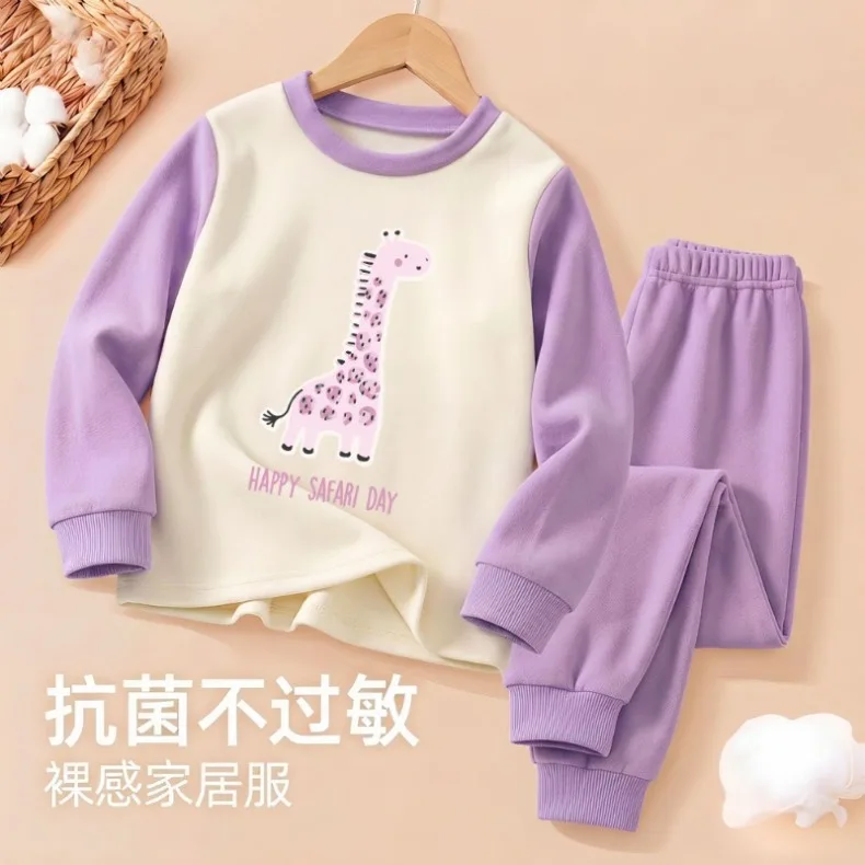 Herbst-Winter Mädchen Freizeit-Schlafanzüge Jungen Samt-Fleece Warme Hauskleidung Sets Kinder Langarm-Unterwäsche Anzug Pyjamas Neu – Detail 4