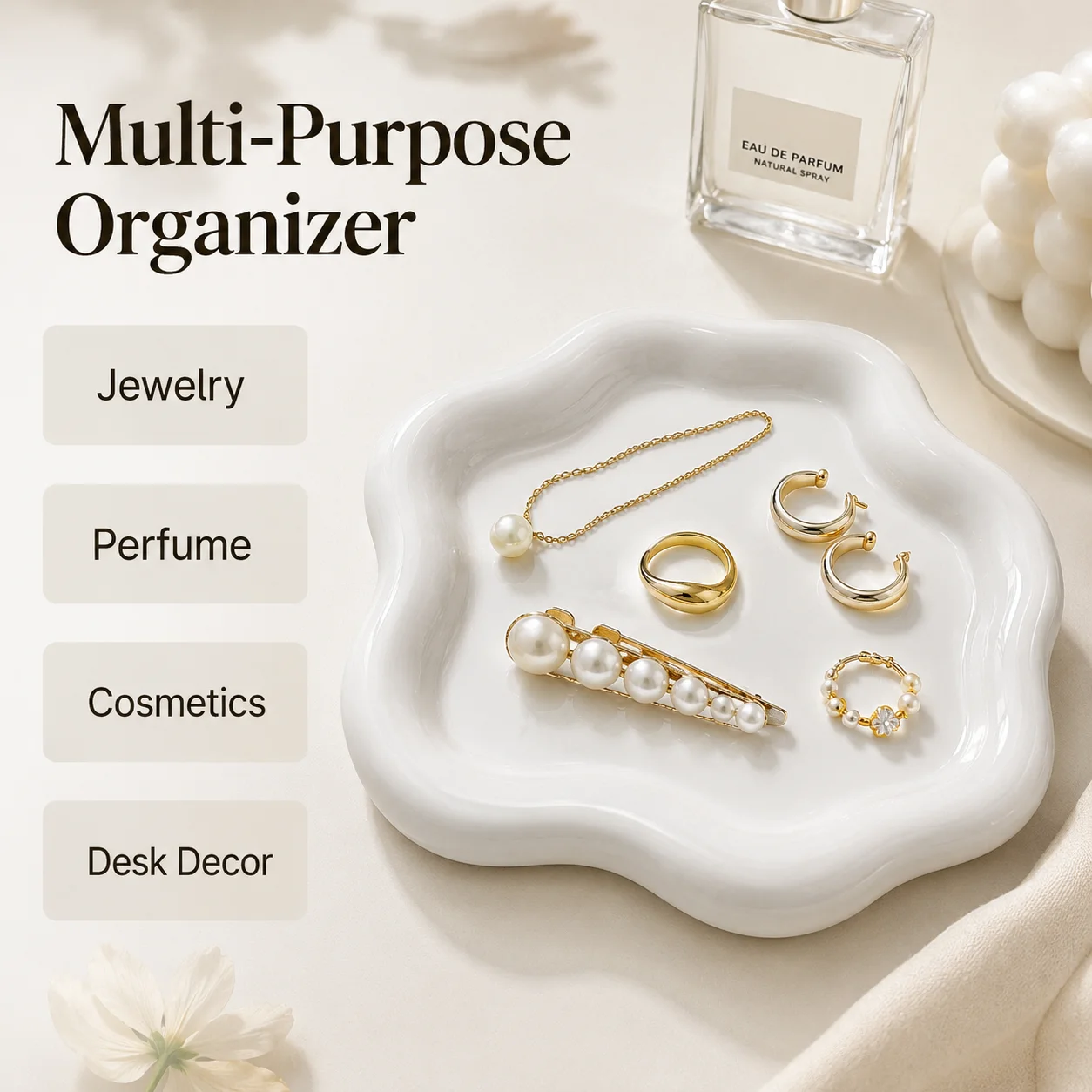 White Ceramic Cloud Jewelry Tray, Irregular Vanity Organizer for Rings Earrings Perfume Keys, Decorative Trinket Dish Home Decor view 5