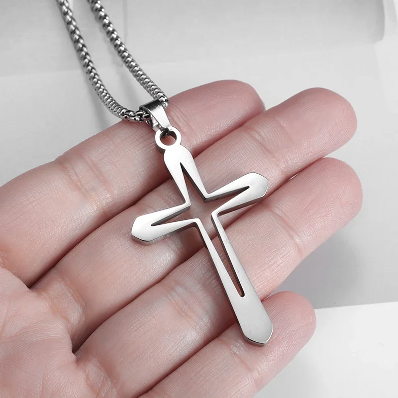 Goth Starlight Cross Stainless Steel Jesus Christ Amulet Pendant Necklace for Women Men Silver  Color Chain Necklaces Jewery