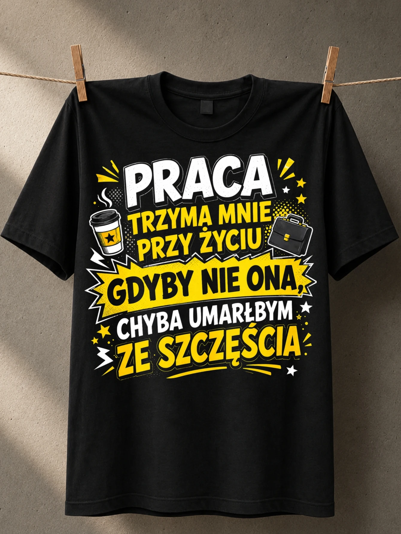 Praca trzyma mnie przy zyciu quote starburst typography coffee cup briefcase  yellow comic style  Unisex All T-Shirt