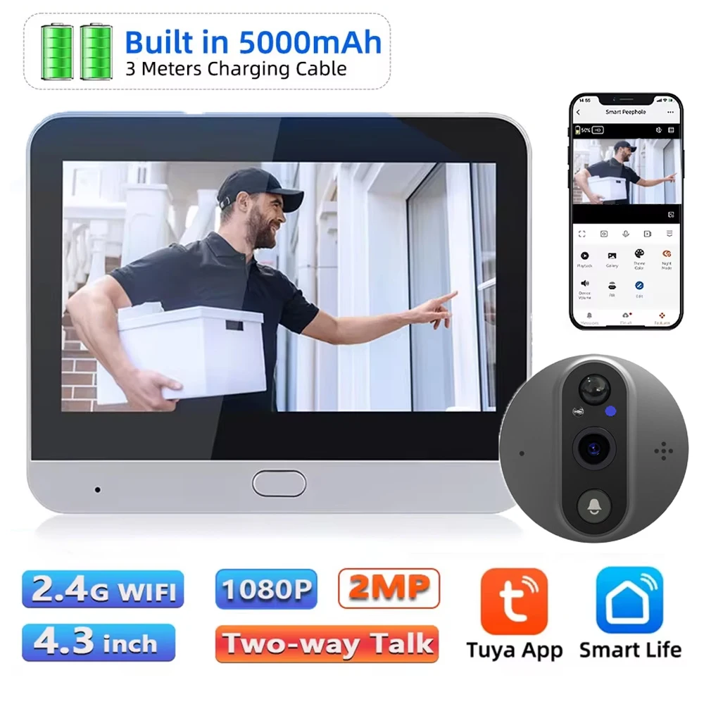 

3-мегапиксельная камера-глазок, аккумулятор, глазок, дверной звонок Tuya, умный дверной звонок, PIR, обнаружение движения, беспроводной Wi-Fi, видеодомофон, дверной звонок