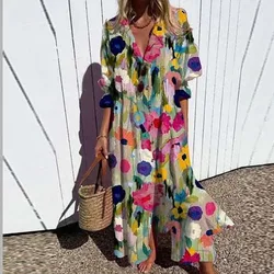 Women Single Breasted Lapel Shirt Dress Summer Puff Short Sleeve A-Line Boho Dress Women Retro Geometry Circle Print Long Dress