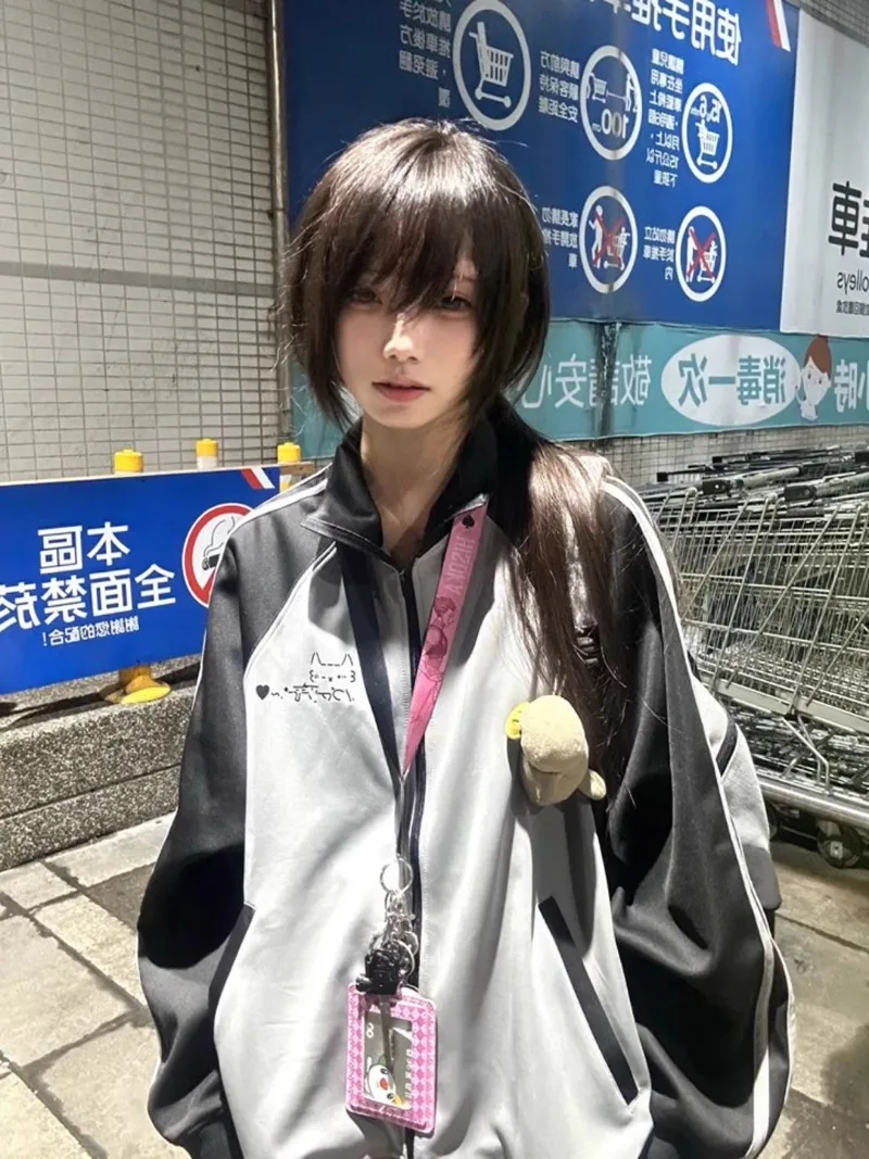 Subculture Y2k Millennial Japanese Two-dimensional Kaomoji Print Contrasting Color Stand-up Collar Loose Coat Sweater For Women