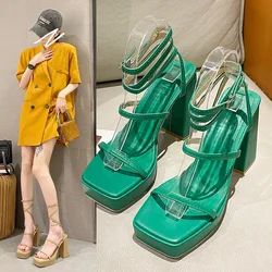 2023 New Women High Heels Sandals Sexy Platform Square Toe Buckle Peep Toe Strap Pumps Party Shoes Summer Sandalias Mujer