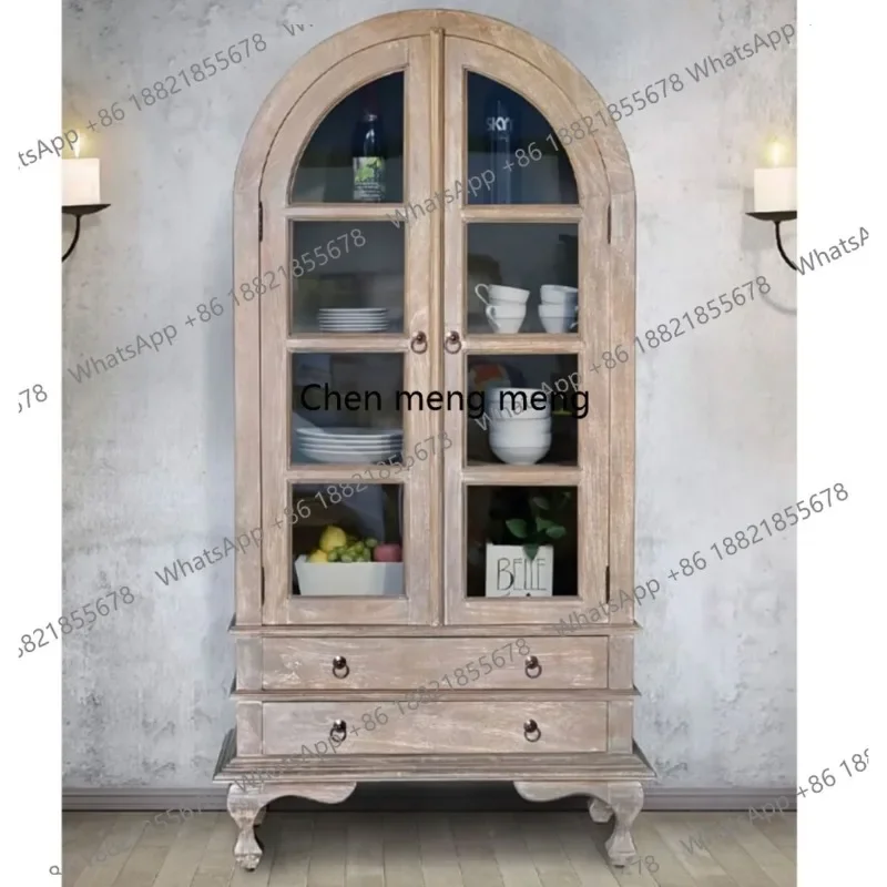

American retro arched solid wood wine cabinet villa living room display cabinet French glass dining side vertical cabinet