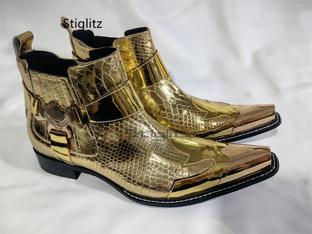Gold Snake Print Western Ankle Boots for Men Pointed Metal Toe Buckle Strap Side Zipper Chelsea Short Boots Stage Party Shoes