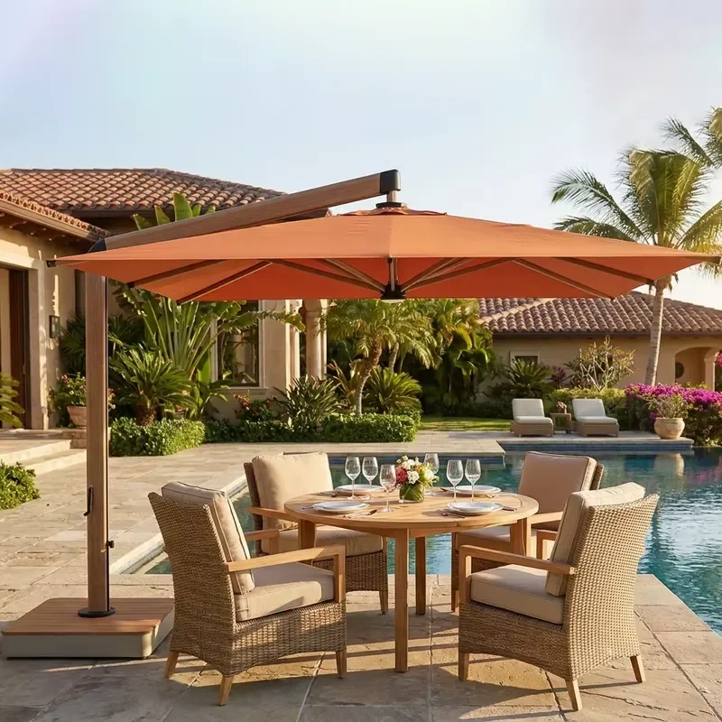 Solar LED Cantilever Patio Umbrella 360 Swivel Stepless Tilt All-Aluminum Joints 3-Section Wood Grain 3X3M Gym Hotel