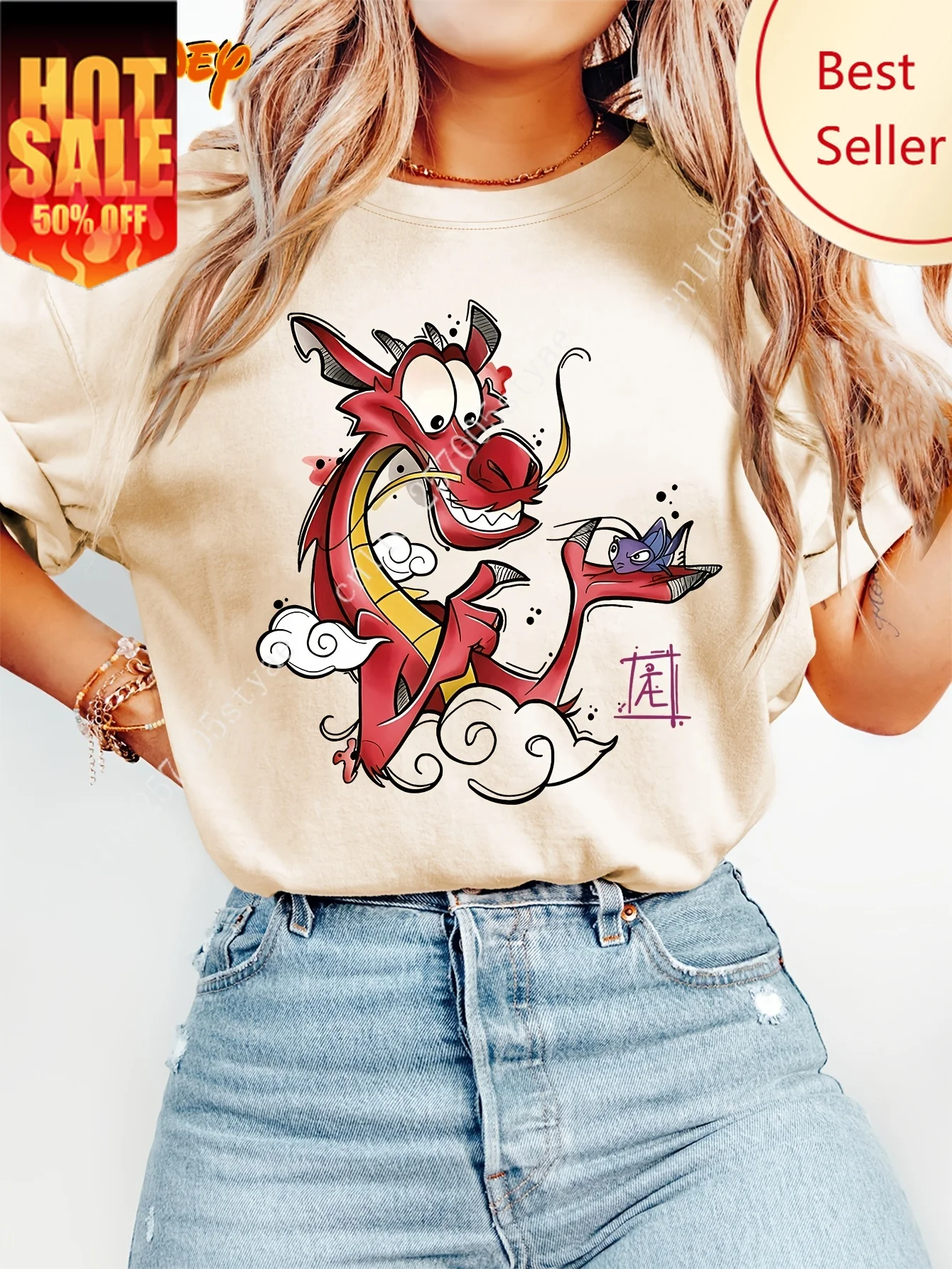 

Women's Disney Mulan Red Mushu Dragon T Shirt Men Cotton Tee O-Neck Casual Oversize Short Sleeve Streetwear Top Clothing Fashion
