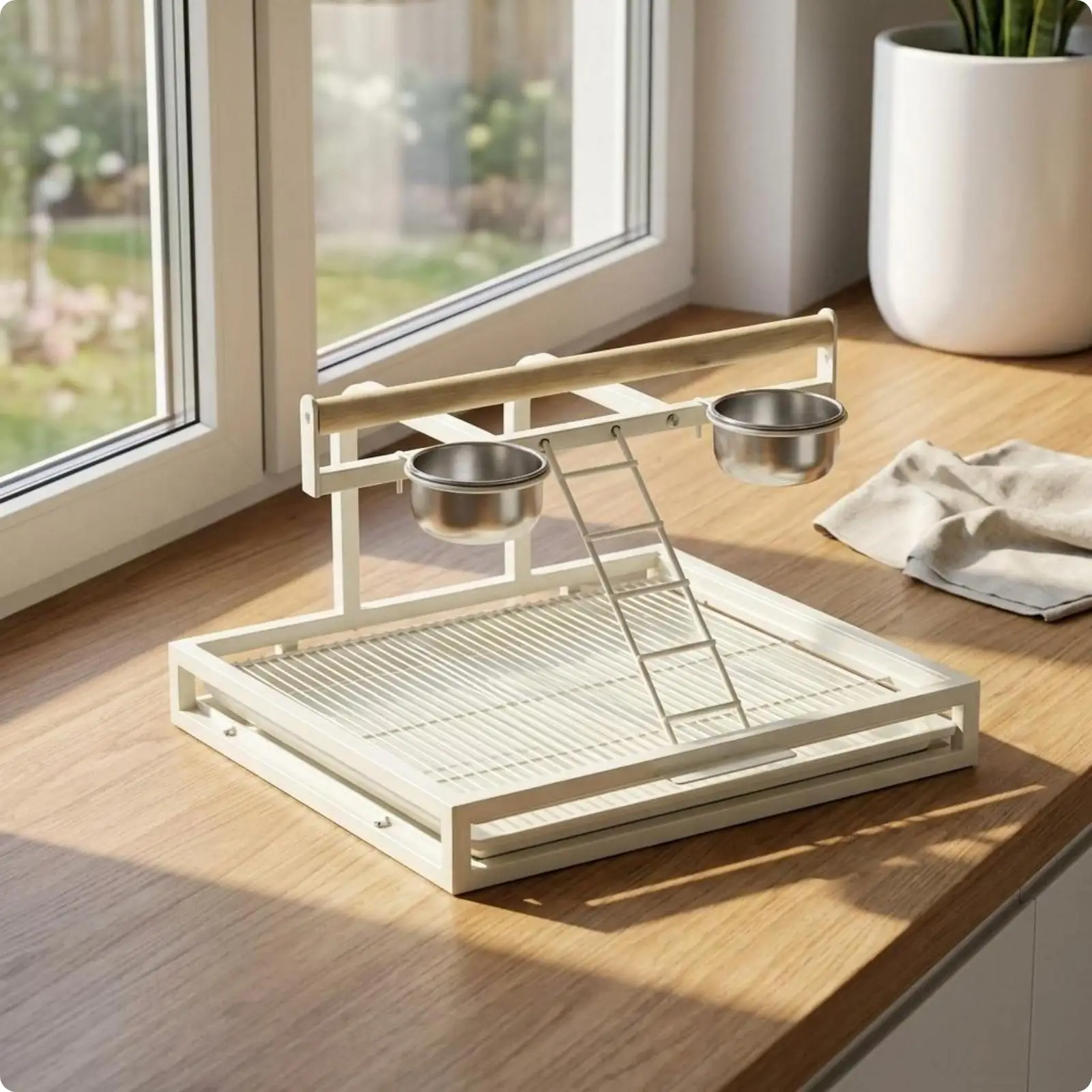 Avian Enclosure Top Stand Ladder-Style Parakeet Perch Elevated Area Tray Base