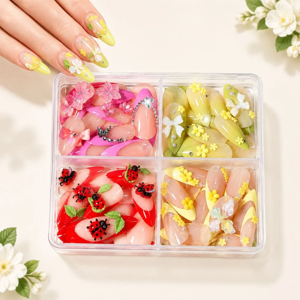 12Grids Flat-Back Mixed Nail Charms Spring Theme 3D Resin Ladybug Flower Butterfly Bow Decor For Salon Manicure Hand Nail Design