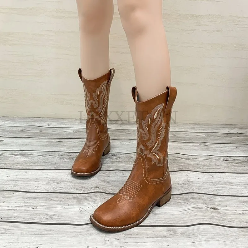 Women Embroidered Sleeves Motorcycle Knight Boots Western Cowboy V-Mouth Middle Sleeve Square Head Thick Heel Horse Boots