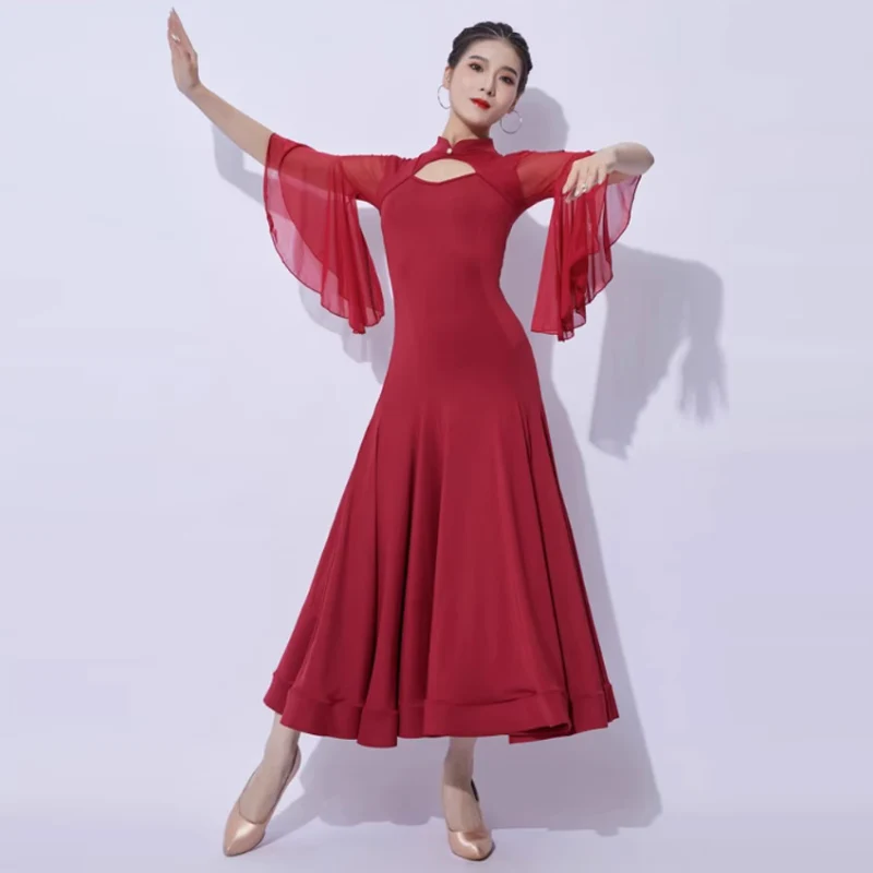 Vestido de dança de salão Flare para mulheres, traje de competição, roupas tango, vestidos de valsa, preto e vermelho VDB7281