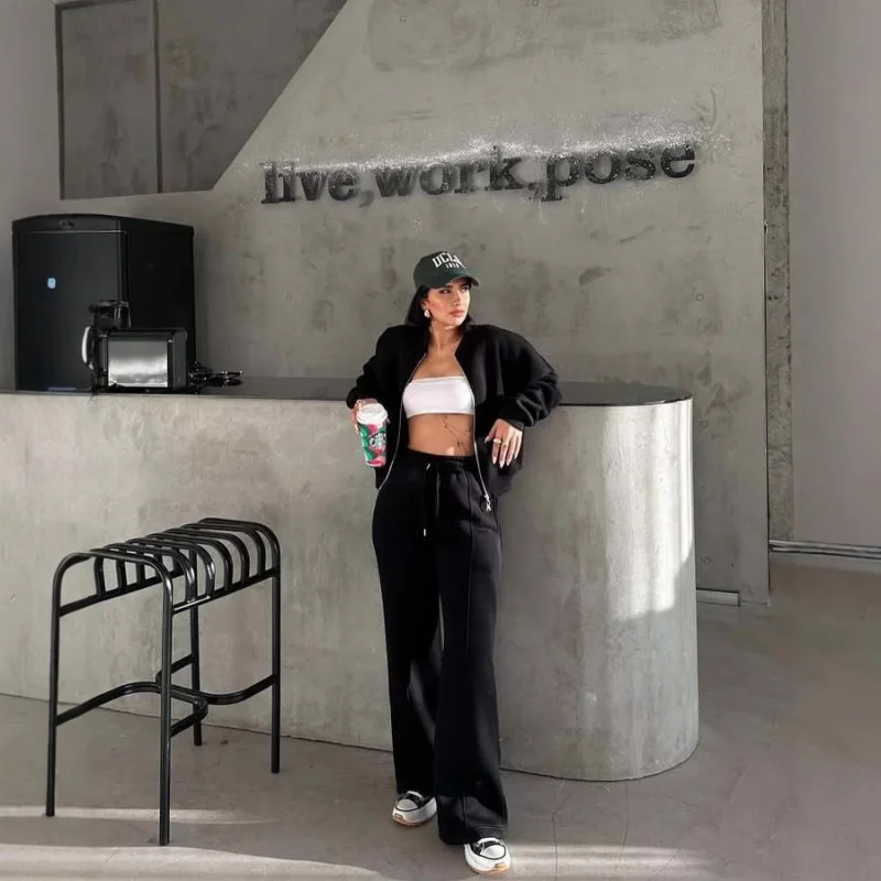 

Повседневный костюм в американском стиле, осенне-зимний кардиган, спортивный женский модный уличный стиль, длинные брюки с длинными рукавами, комплект из двух предметов