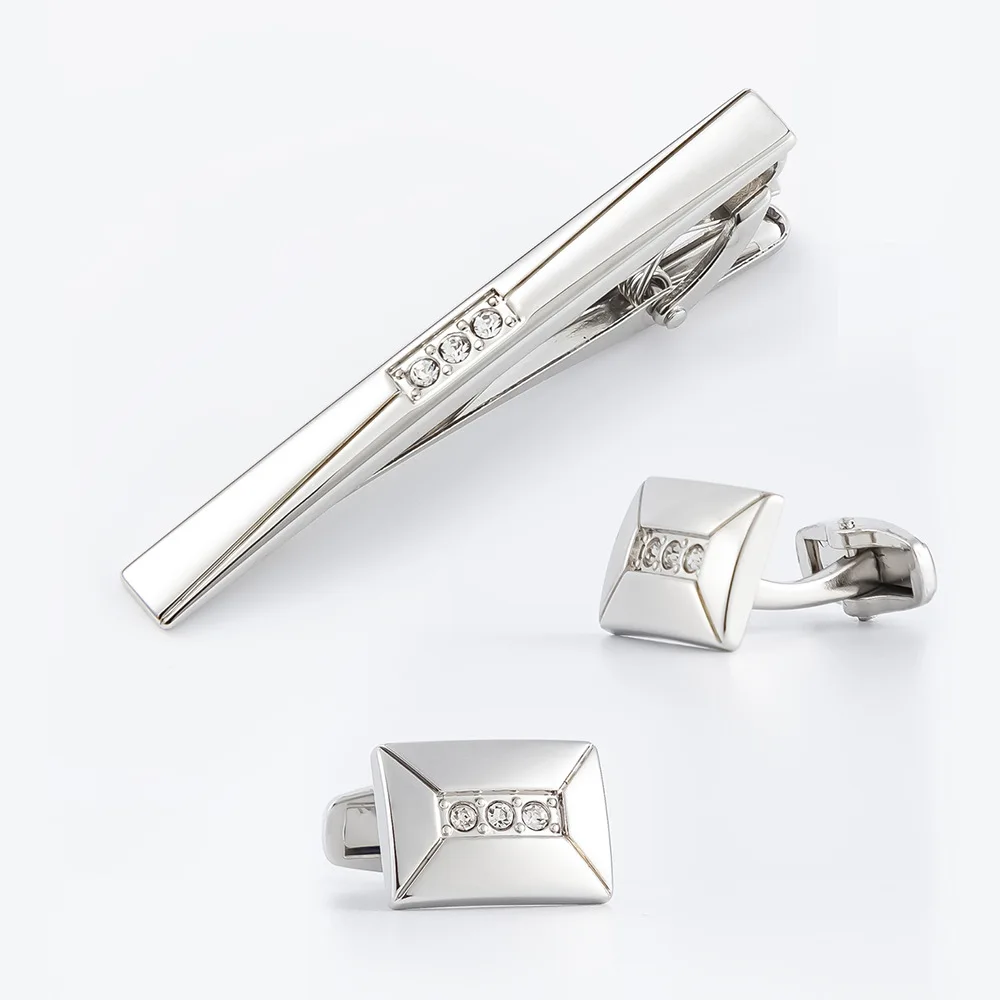 Silver Plated Three Crystal Inlay Tie Clip & Cufflinks Set Men Business Formal Suit Accessories