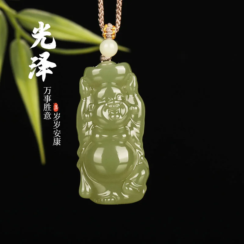 Natural Hetian Jade Light Green God of Wealth Maitreya Buddha Pendant Unisex Jade Necklace Pendant Ornament Gifts