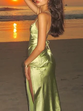 Letnia nowa sukienka z dekoltem w szpic, bardzo długa, zielona sukienka plażowa, bez pleców, sznurowana, bez rękawów, satynowa, długa spódnica, biodrówka