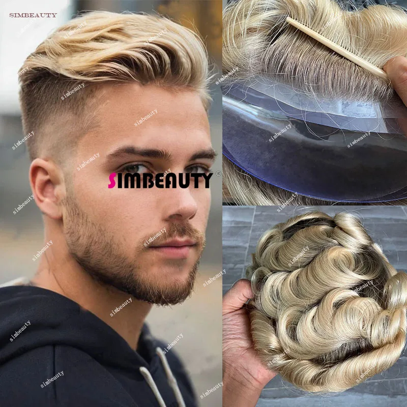 Ombre Blonde 0.06mm Human Hair Toupee for Men Full PU Thin Skin Hairpiece Brown Roots 613 Male Wig  Replacement System Prosthesi