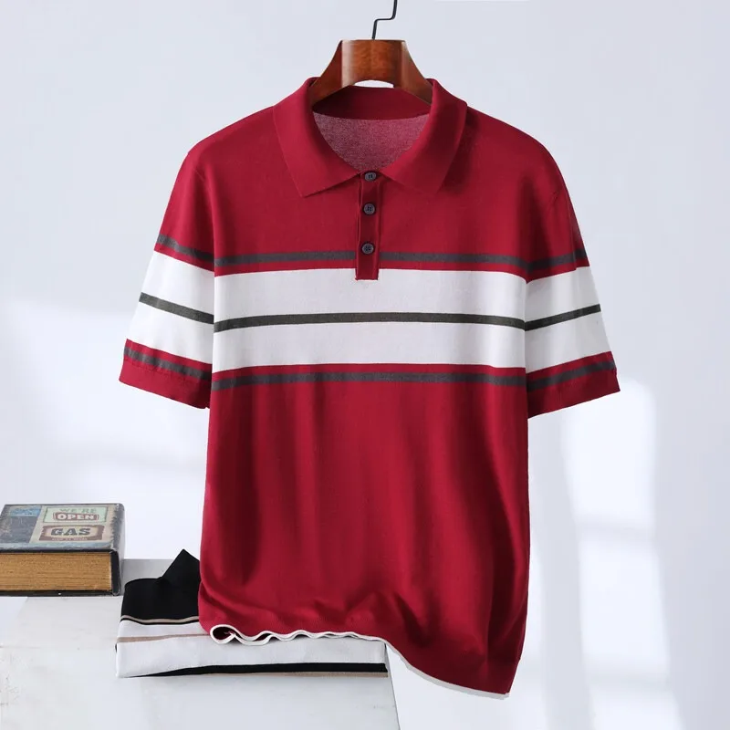 

Лето 2022, дышащие футболки с короткими рукавами из ледяного шелка, мужские модные вязаные рубашки-поло в полоску, повседневные деловые футболки