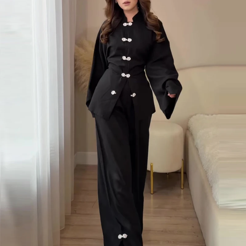 

Casual Long Sleeve Loose 2Pc Suit Fashion Stand Collar Mandarin Shirts & Pant Set Women's Elegant Button Solid Long Pant Outfits