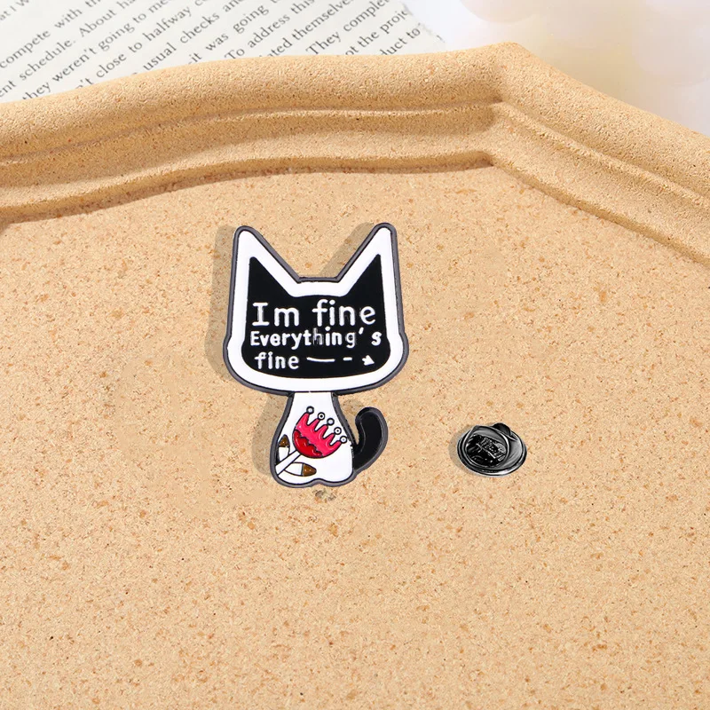 Cartoon Naughty Black Cat Enamel Pin I'm Fine Metal Animal Brooch Clothes Bag Lapel Badge Jewelry Gift for Kids Friends