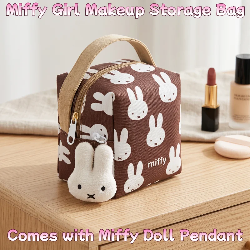 New Miffy Canvas Makeup Bag Cartoon Brown Printed Rabbit Portable Handbag Small Square Bag Girl Gift