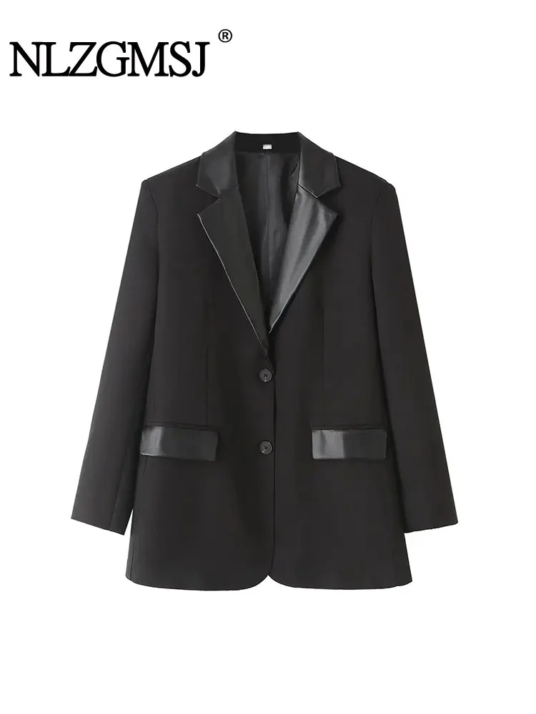 

TRAF 2024 Autumn Women Fashion Patchwork Front Button Blazer Coat Vintage Long Sleeve Pockets Female Outerwear Chic Coat