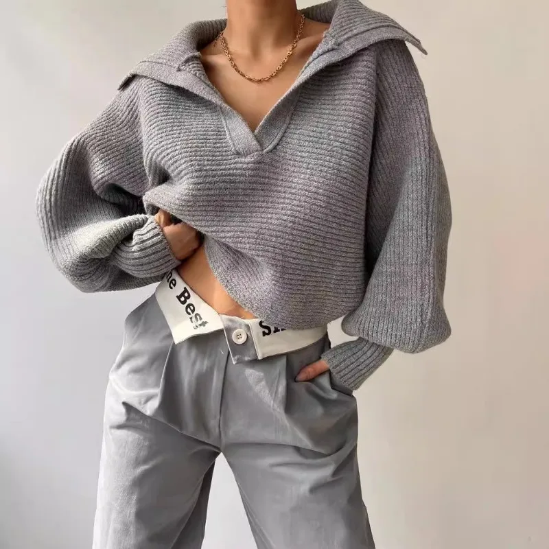 Women Big Lapel Half Zip V Neck Knit Sweaters Lantern Sleeve Autumn Winter Solid Color Loose American Retro Cropped Pullovers