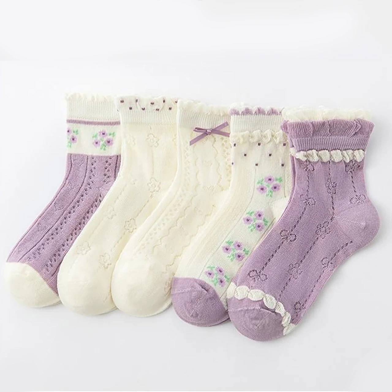 5Pair Purple Flower Girls Mesh Socks Lace Ruffle Princess Sock Thin Breathable Children Cotton Socks 3-12Year Kids Mid-Calf Sock