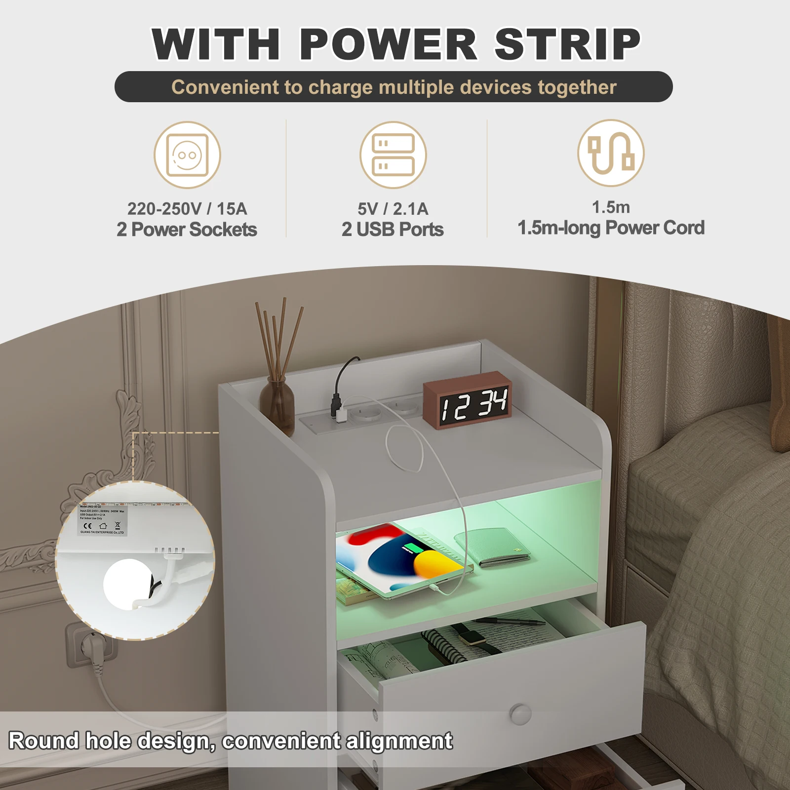 WOLTU Nachttisch, Nachttisch mit Ladestation, USB-Steckdosen, Anschlüsse, Beistelltisch mit LED-Licht, Bettüberzugs-Tisch, Schlafzimmer-Tisch aus Holz – Detail 7