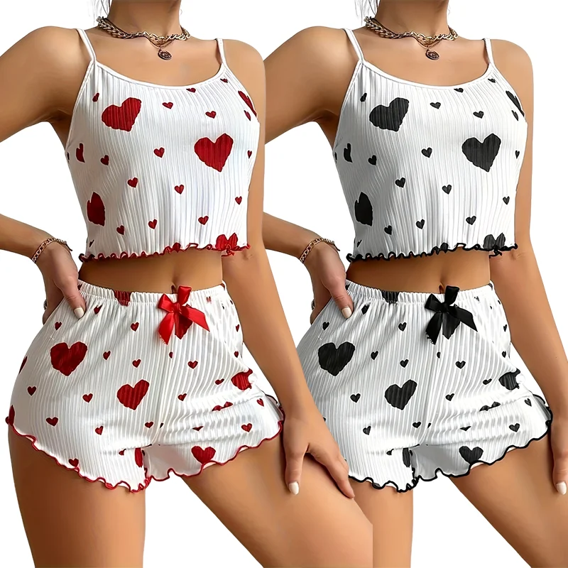 Women 1PCS Pajama Set Heart Print Cami Crop Top & Shorts Cute Ribbed Sleepwear Soft Breathable Summer Loungewear Nightwear