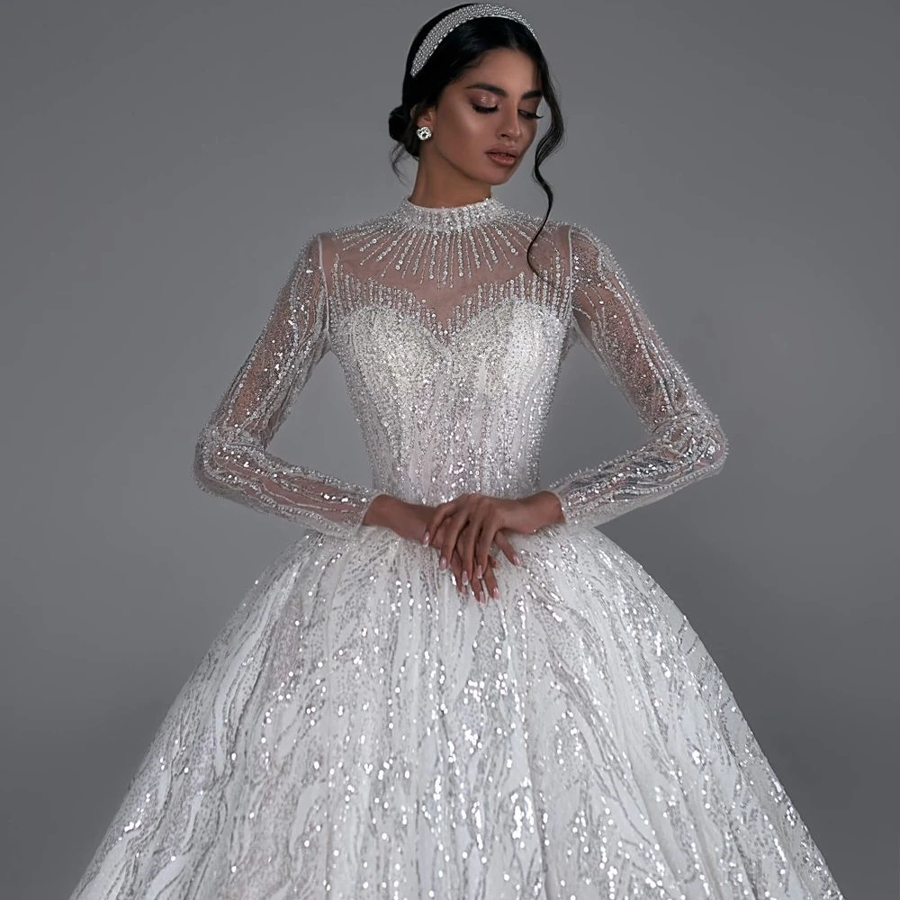 2025 vestido De novia con cuentas De lentejuelas ilusión bata De novia De manga larga vestido De baile exquisito vestido De novia bata personalizada De boda