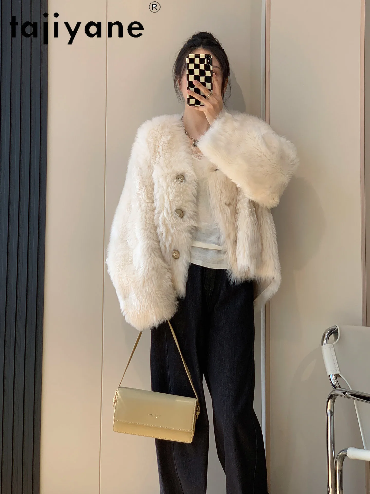 TAJIYANE 100% laine toscane naturelle en peau de mouton Double face manteau de fourrure femme haut de gamme col en v vraie fourrure veste vêtements d'hiver 2025шу omni