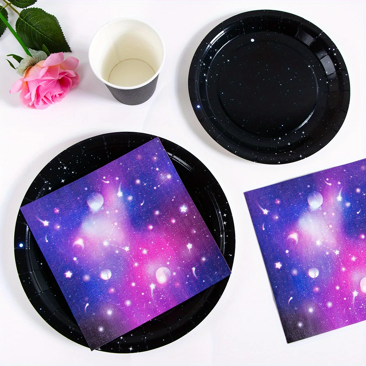 50Pcs Disposable Plates with Black Starry Sky Design Convenient and Elegant Kitchen Tableware No Washing Required