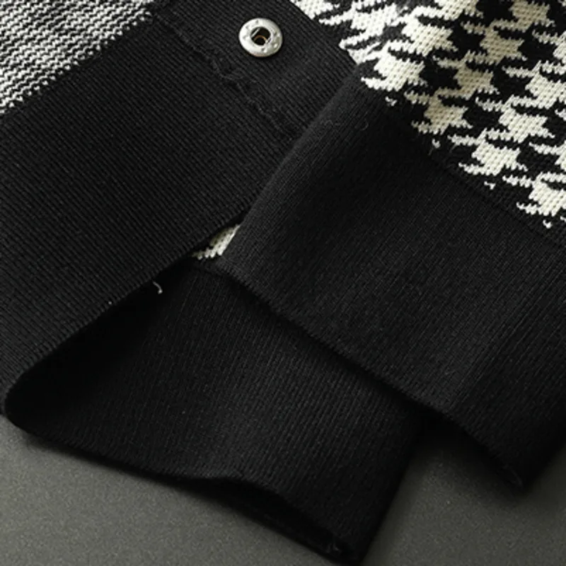 High Quality Houndstooth Knitted Sweater Cardigan Buttons Decorative Jacket Men Lapel Long Sleeve Jacket Men Casual Jacket Coat